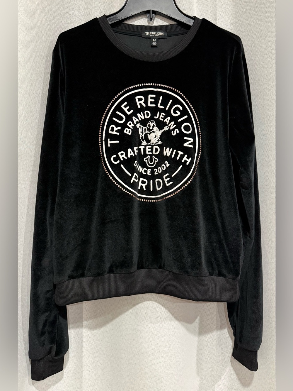 True Religion Black Logo Velvet Crewneck Top